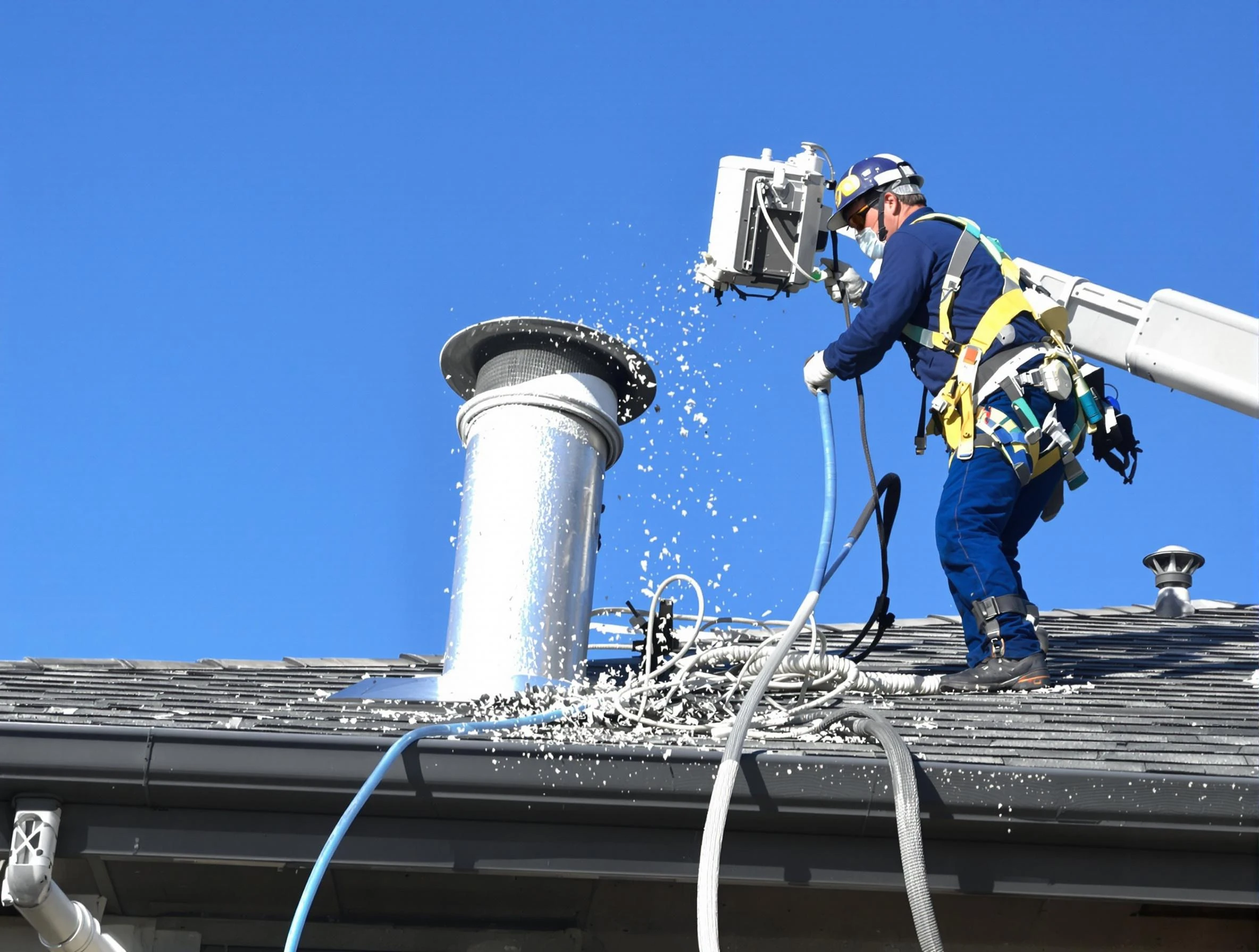 Del City Dryer Vent Cleaning certified technician safely cleaning a roof-mounted dryer vent in Del City